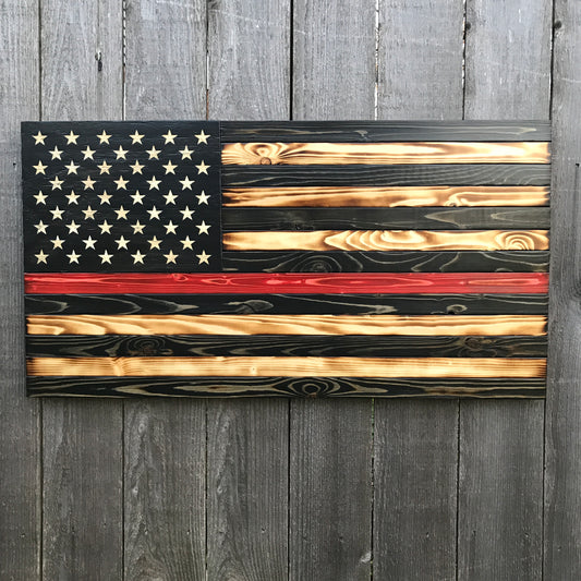 Thin Red Line Firefighter Wood Flag